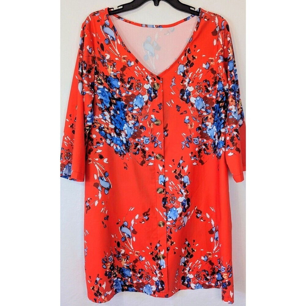 Abstract Print Shift Dress M Red Blue V Neck Button Front 3/4 Sleeve